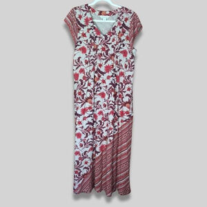 Coldwater Creek Maxi Dress Garden Delight Gauze Floral Asymmetrical Hem Red W M